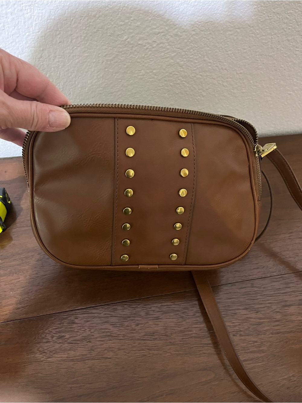 Fossil Tan Leather Crossbody with Gold Studs